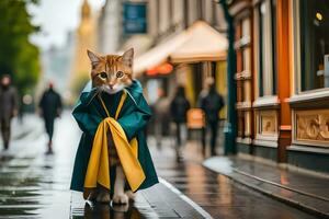 un gato vestido en un verde y amarillo Saco caminando abajo un calle. generado por ai foto
