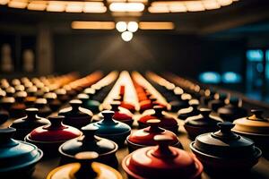 a row of colorful bowls on a table. AI-Generated photo