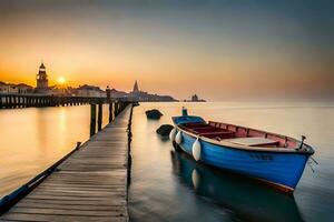 un barco se sienta en el muelle a puesta de sol. generado por ai foto