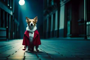 a dog in a red coat sitting on the street at night. AI-Generated photo