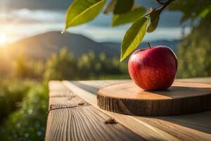 un manzana se sienta en un de madera mesa en frente de un montaña. generado por ai foto