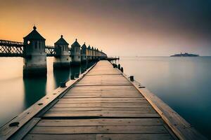 a long pier with a bridge over water. AI-Generated photo