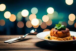 spaghetti with tomato sauce and basil on a plate on a wooden table with bokeh lights. AI-Generated photo