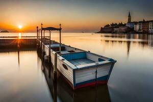 a boat docked at the shore of a lake at sunset. AI-Generated photo