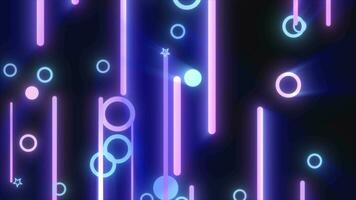 Blue purple glowing geometric abstract background pattern of flying lines of circles and stars video