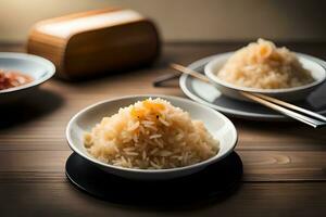 two bowls of rice with chopsticks on a wooden table. AI-Generated photo