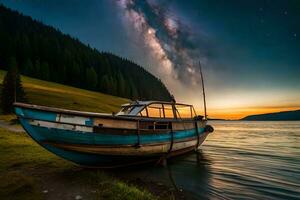 un barco se sienta en el apuntalar de un lago a noche. generado por ai foto