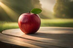un manzana se sienta en parte superior de un de madera mesa. generado por ai foto