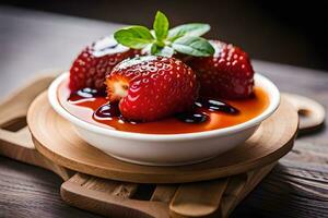 two strawberries are in a bowl with a spoon. AI-Generated photo