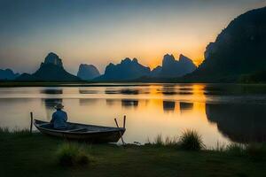 un hombre se sienta en un barco en el agua a puesta de sol. generado por ai foto