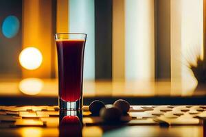 a glass of red liquid sitting on a table. AI-Generated photo