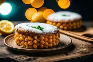 un plato con un pastel y limón rebanadas generado por ai foto