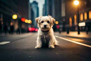 a small white dog sitting on the street at night. AI-Generated photo