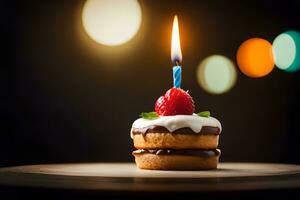 cumpleaños pastel con uno iluminado vela en cima. generado por ai foto