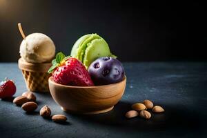 ice cream and strawberries in wooden bowls on a dark background. AI-Generated photo