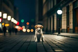 un perro sentado en el calle a noche. generado por ai foto