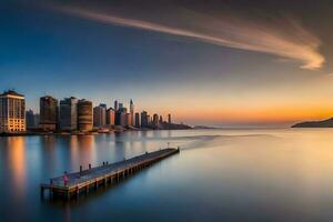 un largo exposición fotografía de un ciudad horizonte a puesta de sol. generado por ai foto