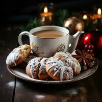 Christmas cookies. Delicious treats, festive decorations, and a cup of cocoa photo