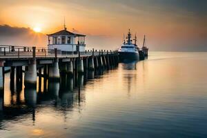 a pier with a boat and a lighthouse at sunset. AI-Generated photo