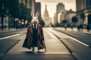 a rabbit dressed in a suit and tie standing on a street. AI-Generated photo