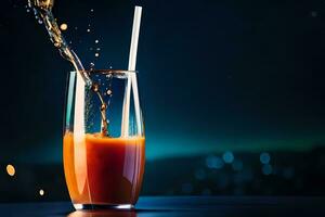 orange juice with straw and splash. AI-Generated photo