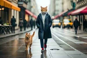 un hombre vistiendo un gato máscara camina con un perro en un ciudad calle. generado por ai foto