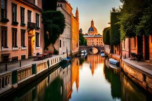 a canal in a city with buildings and boats. AI-Generated photo