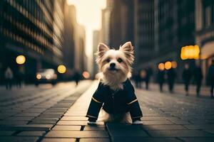 a small dog wearing a jacket standing on a city street. AI-Generated photo