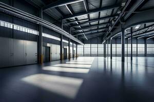 an empty warehouse with large windows and lots of light. AI-Generated photo
