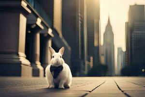 a rabbit wearing a tie standing on a city street. AI-Generated photo