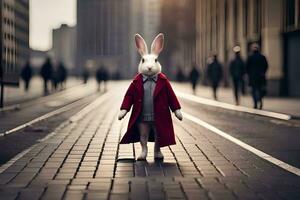 a rabbit dressed in a red coat standing on a street. AI-Generated photo