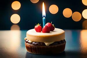 a birthday cake with a single candle on top. AI-Generated photo