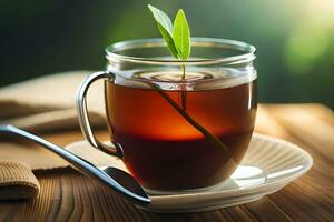 un taza de té con un verde hoja en un de madera mesa. generado por ai foto