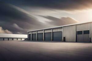 un grande industrial edificio con dos garaje puertas generado por ai foto