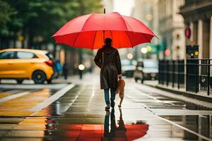 a woman walking her dog in the rain with an umbrella. AI-Generated photo