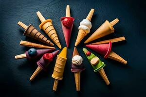 colorful ice cream cones arranged in a circle on a dark background. AI-Generated photo