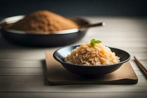 chopsticks and rice in a bowl on a table. AI-Generated photo