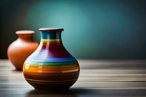 two colorful vases sitting on a table. AI-Generated photo