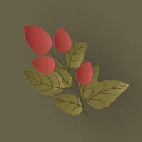 Vector autumn paper cut 3d rose hips branch with shadow on green background.