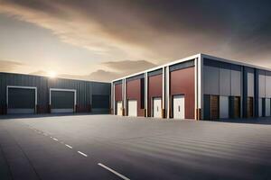 a large warehouse with two doors and a sky background. AI-Generated photo