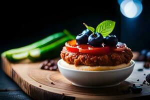a hamburger with blueberries and tomatoes on top. AI-Generated photo
