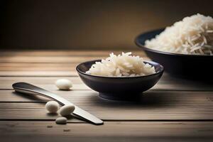 blanco arroz en un cuenco y cuchara en un de madera mesa. generado por ai foto