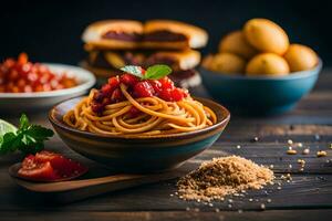 spaghetti with tomato sauce and bread on wooden table. AI-Generated photo