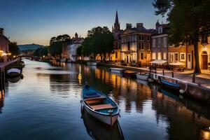 a canal in the middle of a city at dusk. AI-Generated photo