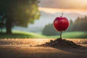 un rojo manzana creciente fuera de el suelo. generado por ai foto