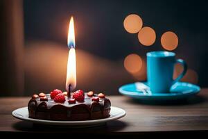 a chocolate cake with a lit candle on a table. AI-Generated photo