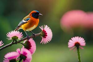 un vistoso pájaro es sentado en un rosado flor. generado por ai foto