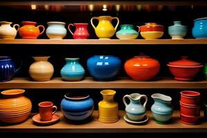 a shelf full of colorful vases and other pottery. AI-Generated photo