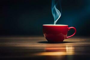 un rojo taza de café en un de madera mesa. generado por ai foto