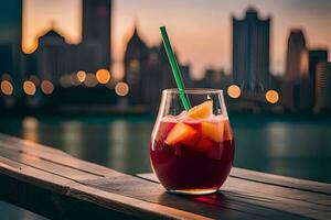 a glass of red drink with a city skyline in the background. AI-Generated photo